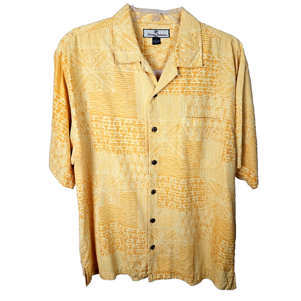 Tommy Bahama HAWAIIAN Shirt mens M Silk YELLOW tropic print camp loop collar